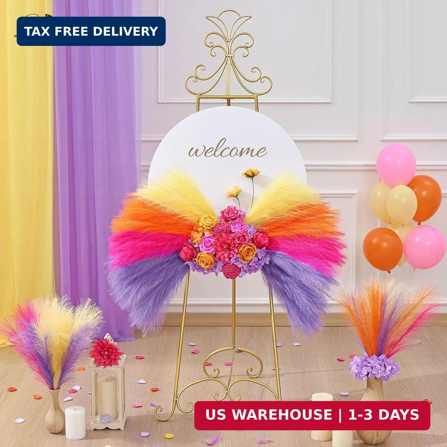 Serwalin 6PCS Pampas Grass Decor, 17.7Inch Bright Orange Hot Pink Artificial Pam
