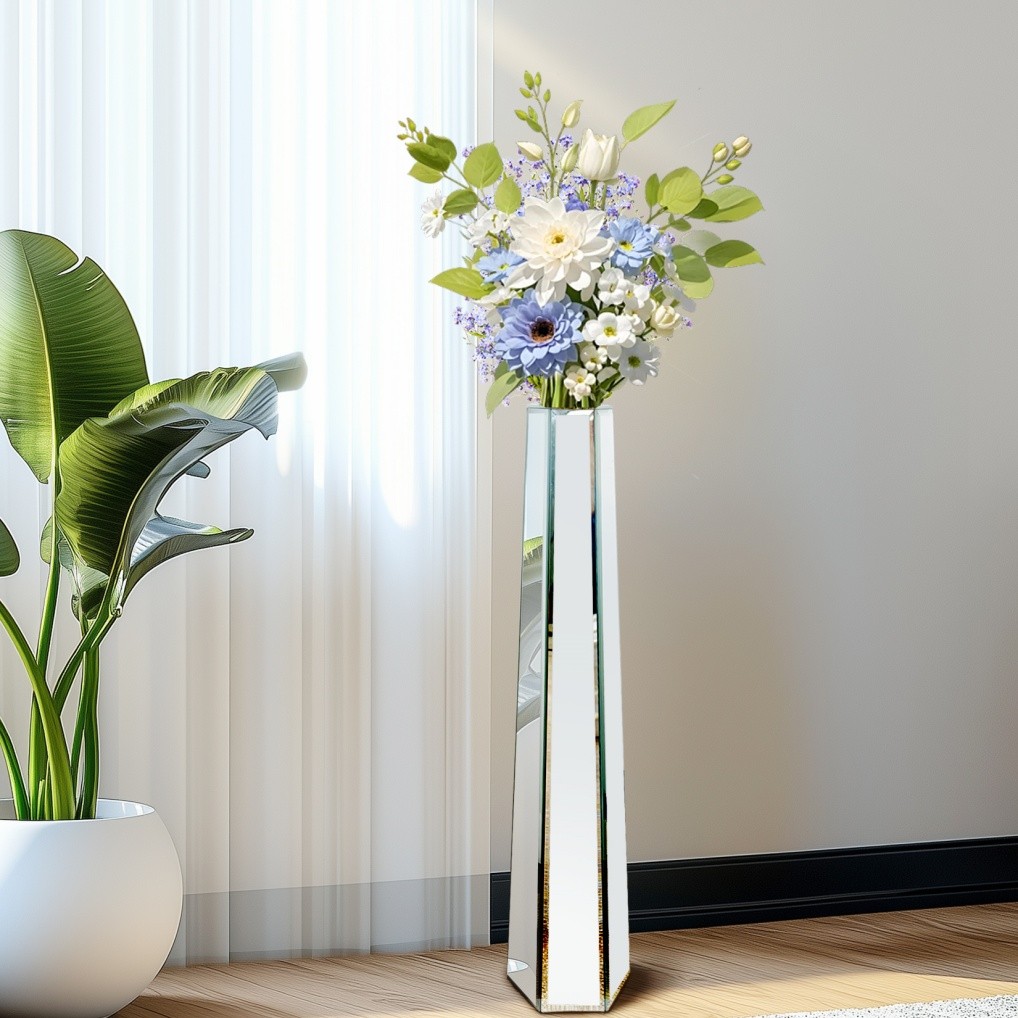 30″ Tall Mirrored Floor Vase Silver Big Vases Home Decorative for Dried Flower