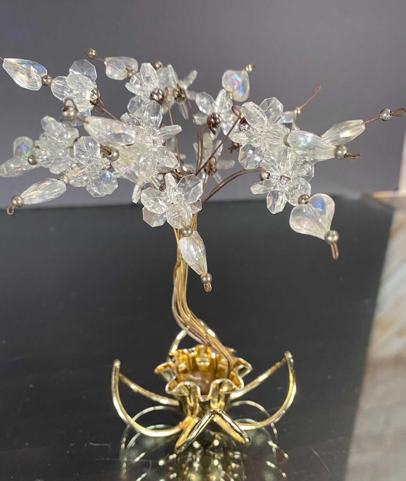 Vintage Twisted Wire Acrylic Beads Hearts Bonsai Money Luck Trees in Brass Pots