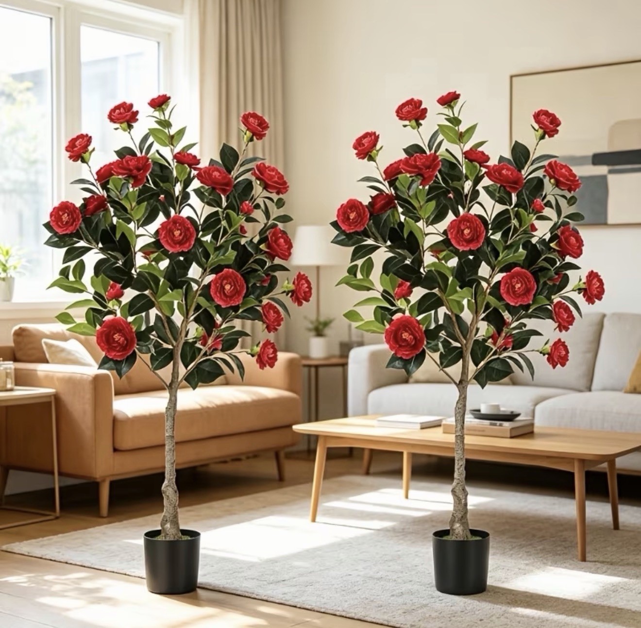 2-Pack 4ft Artificial Camellia Tree Faux Fake Potted Red Flowering Plant Decor