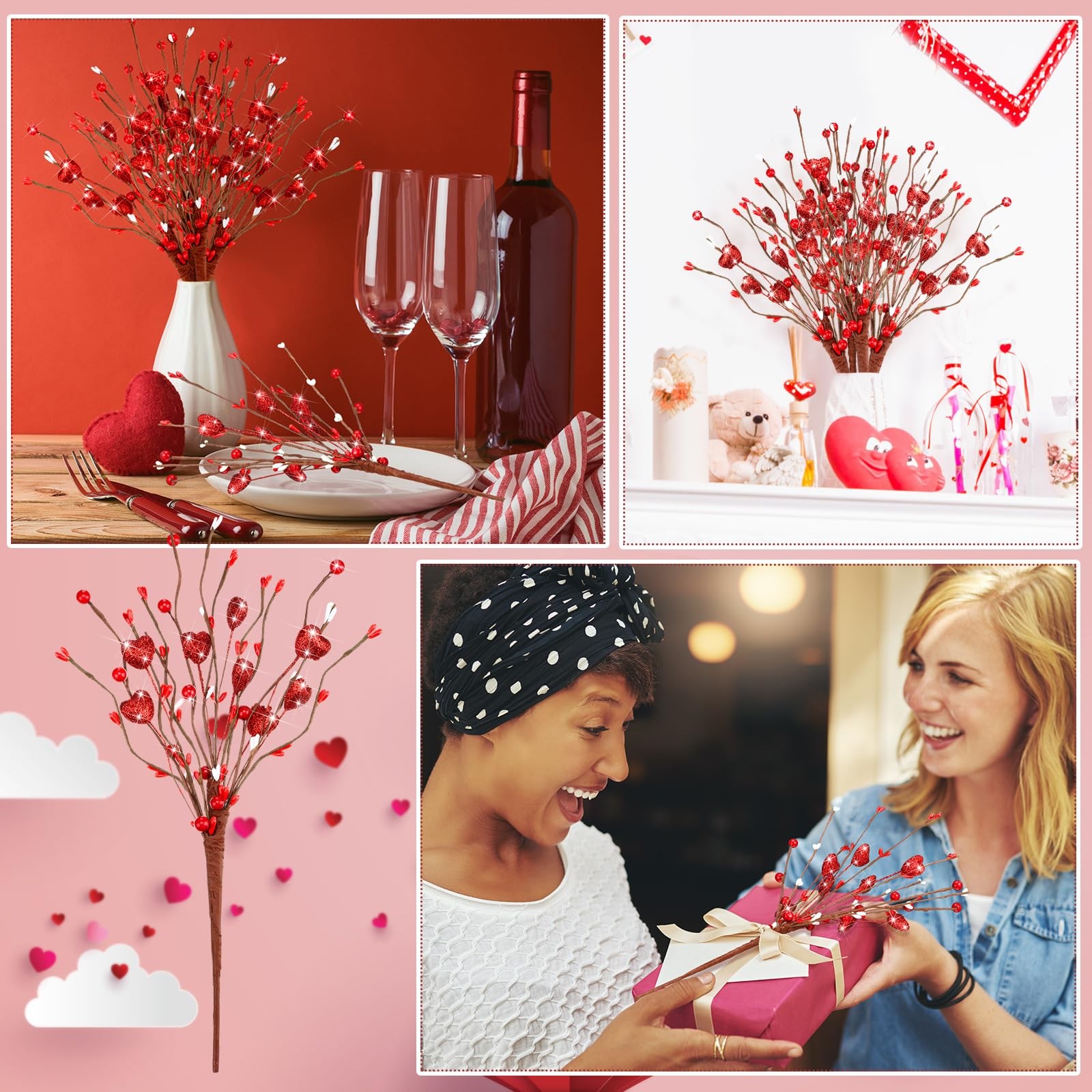 8 Pack Valentine’s Day Artificial Glitter Berry Flower Stems Heart Shaped Ber…