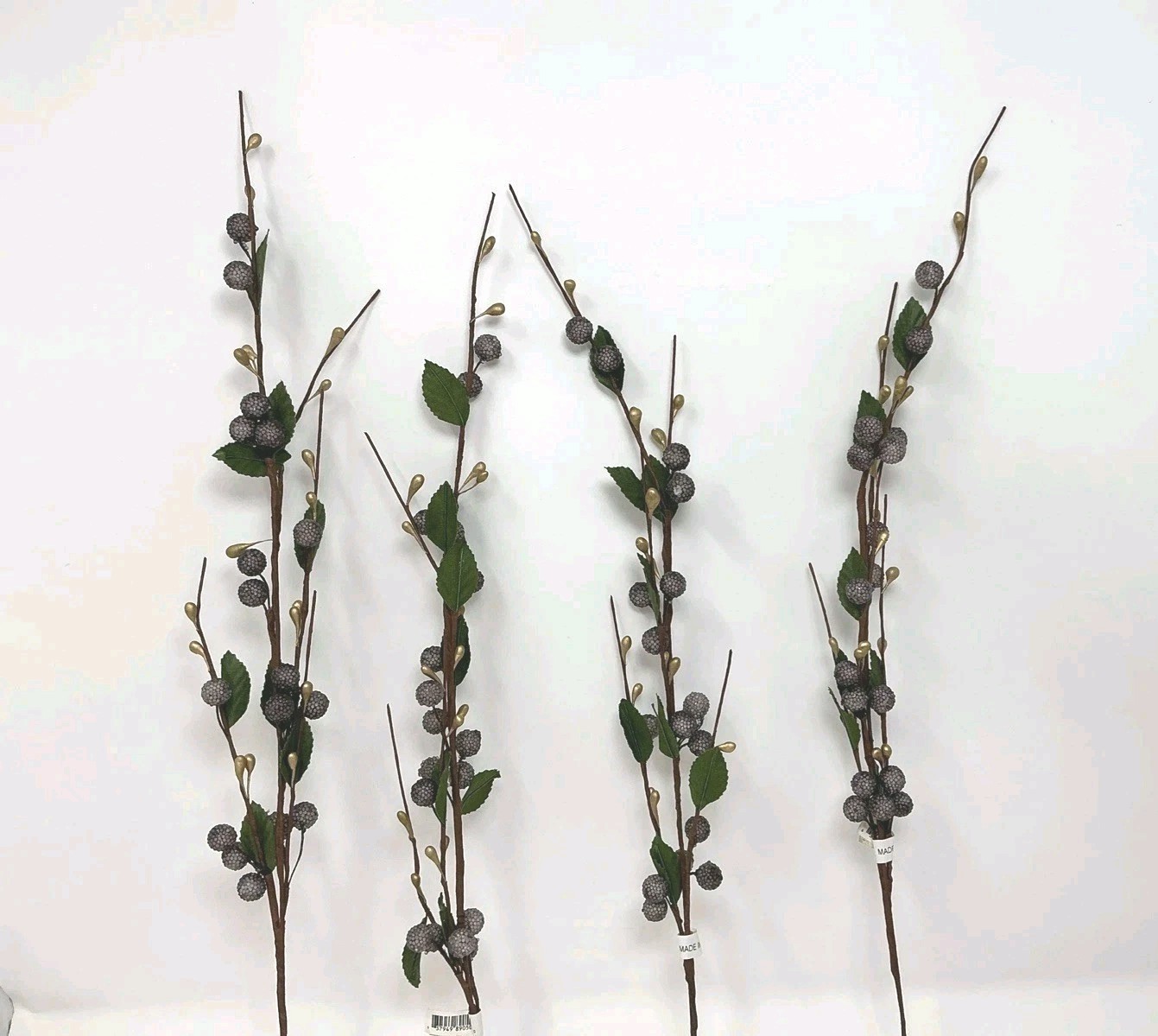 Sugared Berry Floral Pick 23” Purple and Gold Berries Green Leaves 4 Picks NOS