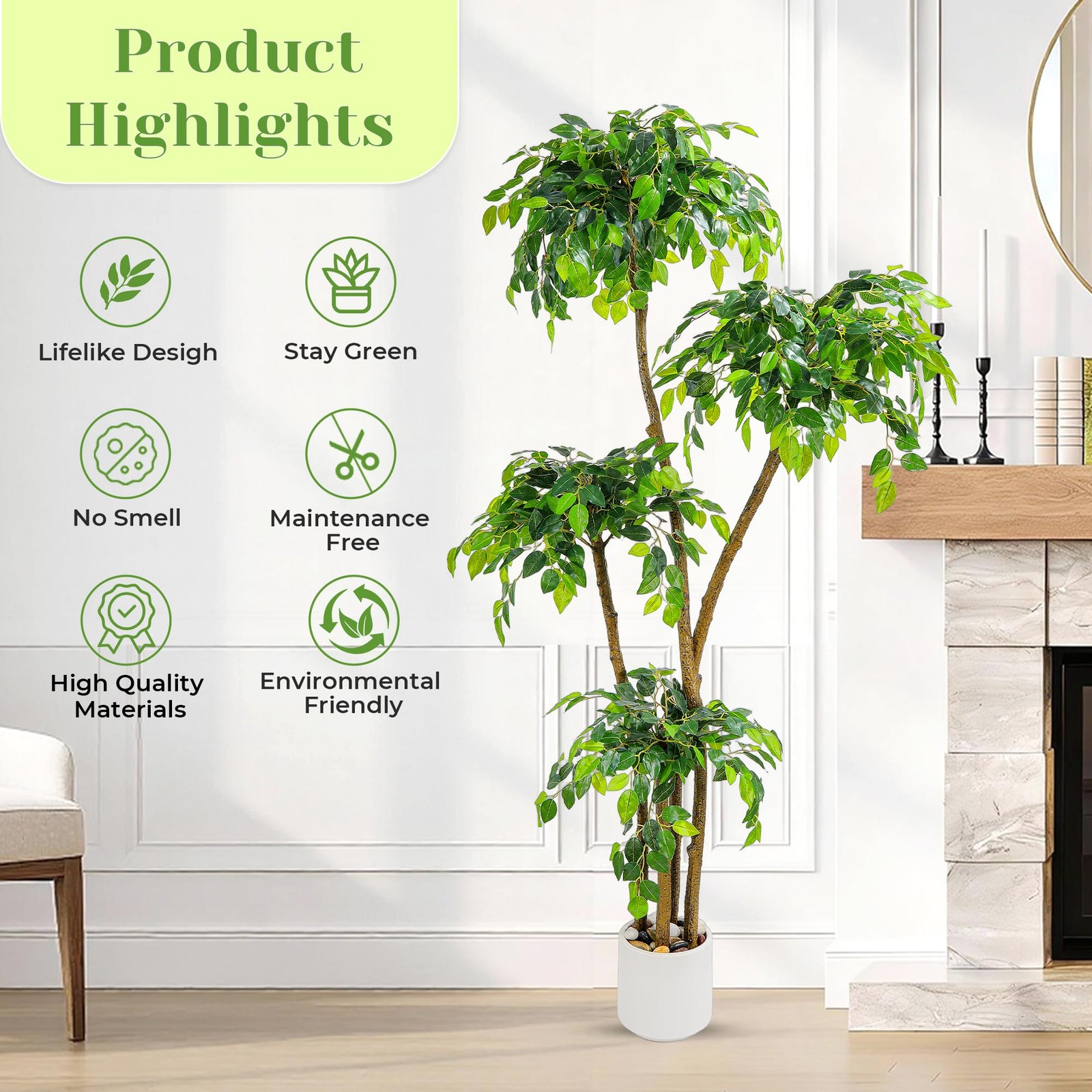 6FT Artificial Ficus Tree with White Planter and Pebbles,Faux Silk 6ft, Green