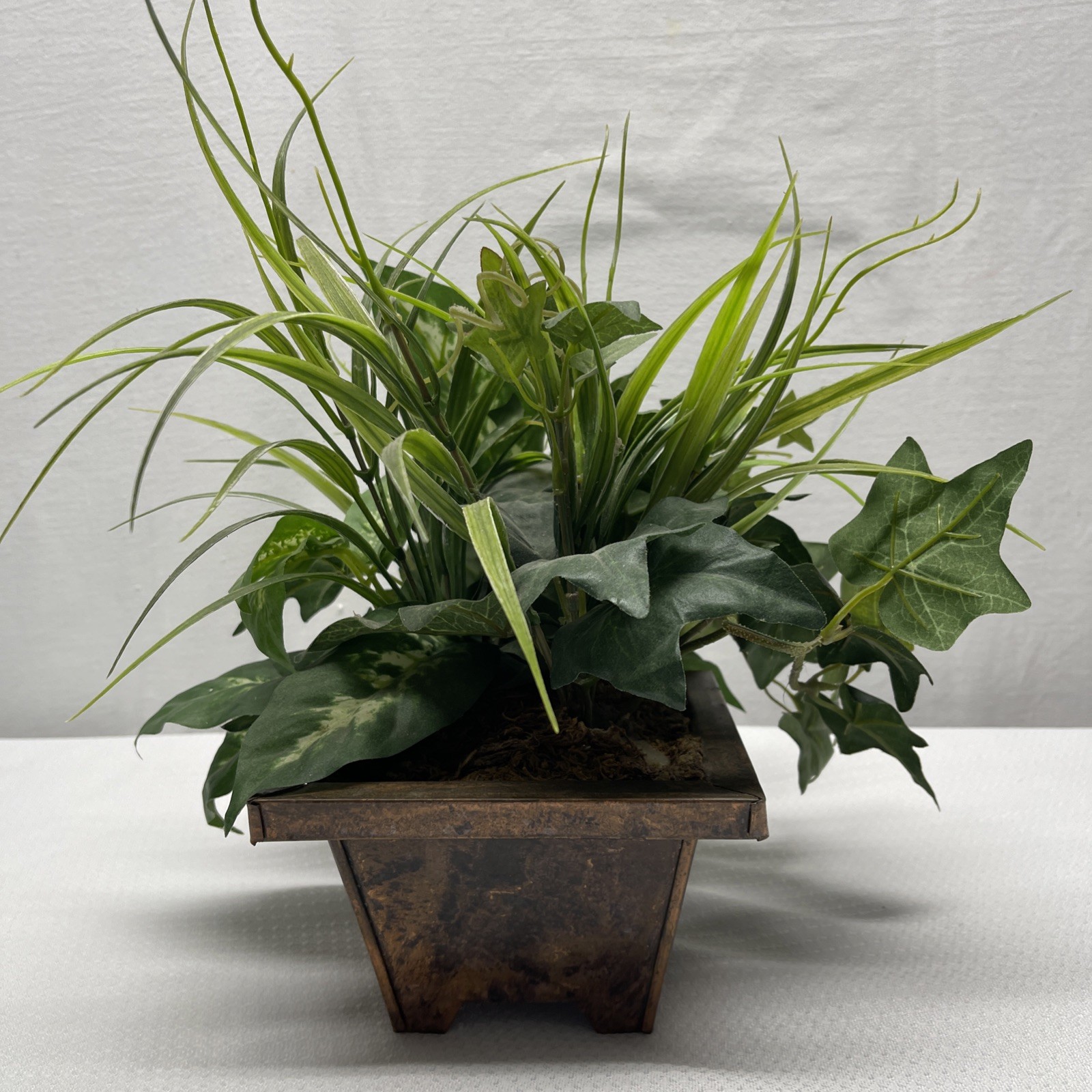 Artificial Indoor Mixed Plants Faux Copper Square Planter Pot 13″ Tall 15″ Wide