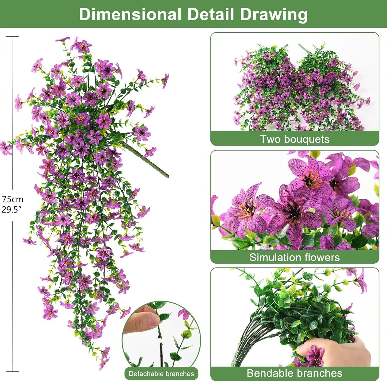 Artificial Fake Hanging Flowers Plants for Outdoor Spring Decoration,2 PCS Fa…