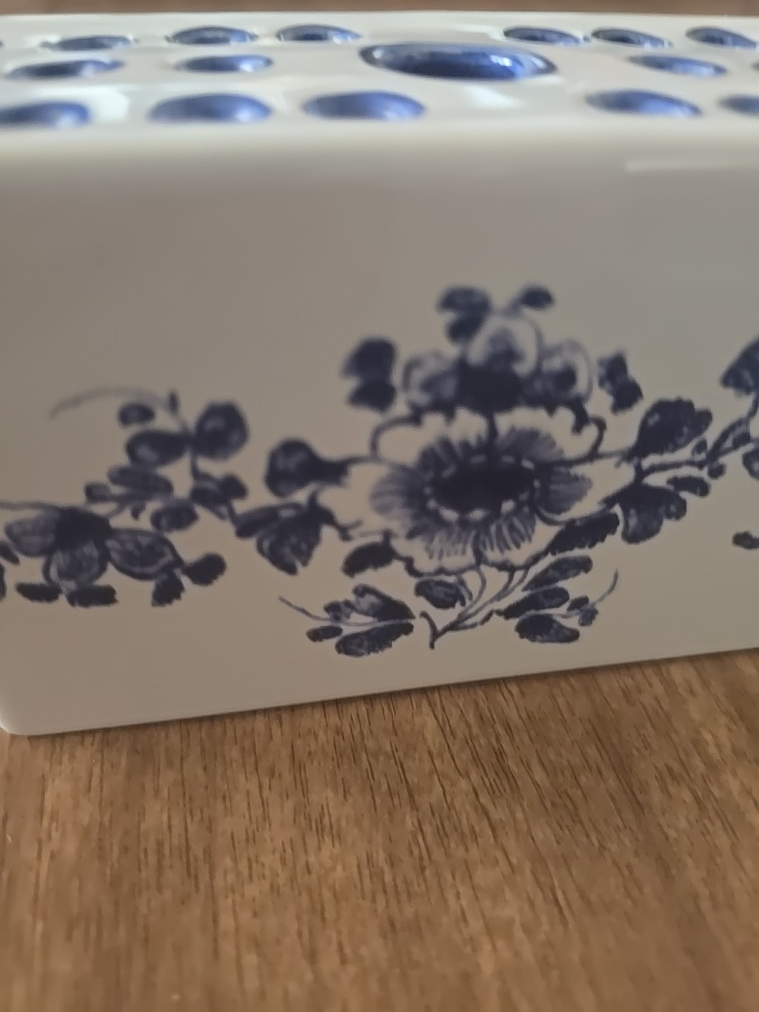 Hand Painted Ceramic Blue and White Flower Frog Vase, 1992 Made in Portugal