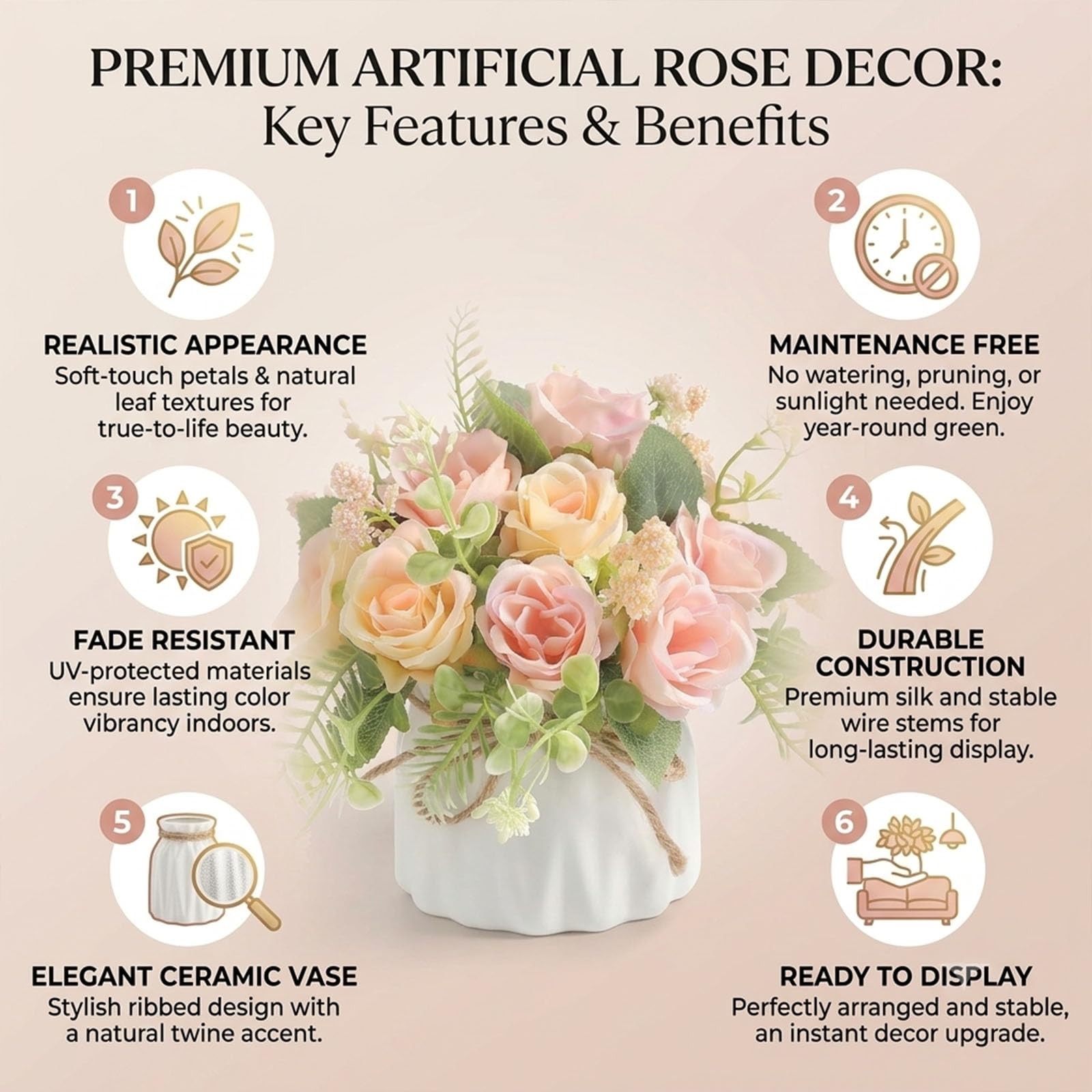 Artificial Rose Flower Plants with Small Ceramic Vase Fake Silk Variety Flowe…