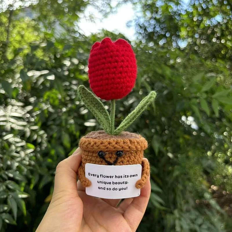 Crochet Artificial Tulip Sunflower Potted Hand Woven Knitted Home Decoration