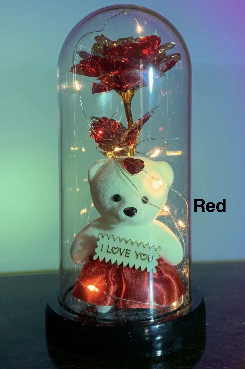 Teddy Bear Galaxy Rose Glass Dome Led Light