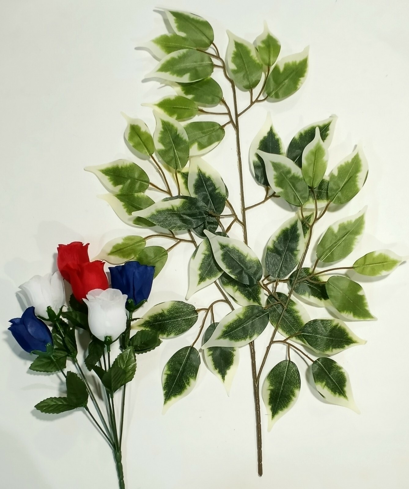 (7 pcs) 4 Red White Blue Rose Bushes & 3 Ficus Sprays Silk Flower Decor US #2213