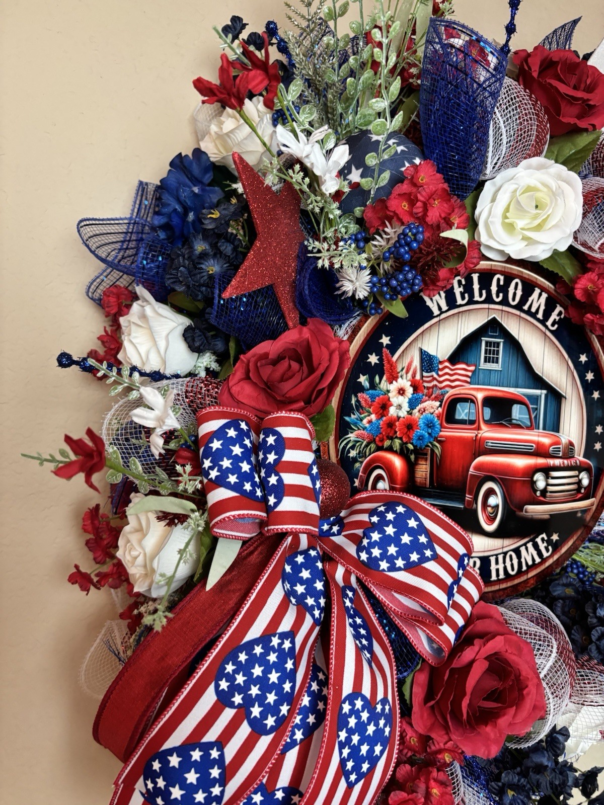 Patriotic Wreath 4th Of July Door Decor Red White Blue Truck Welcome To Our Home