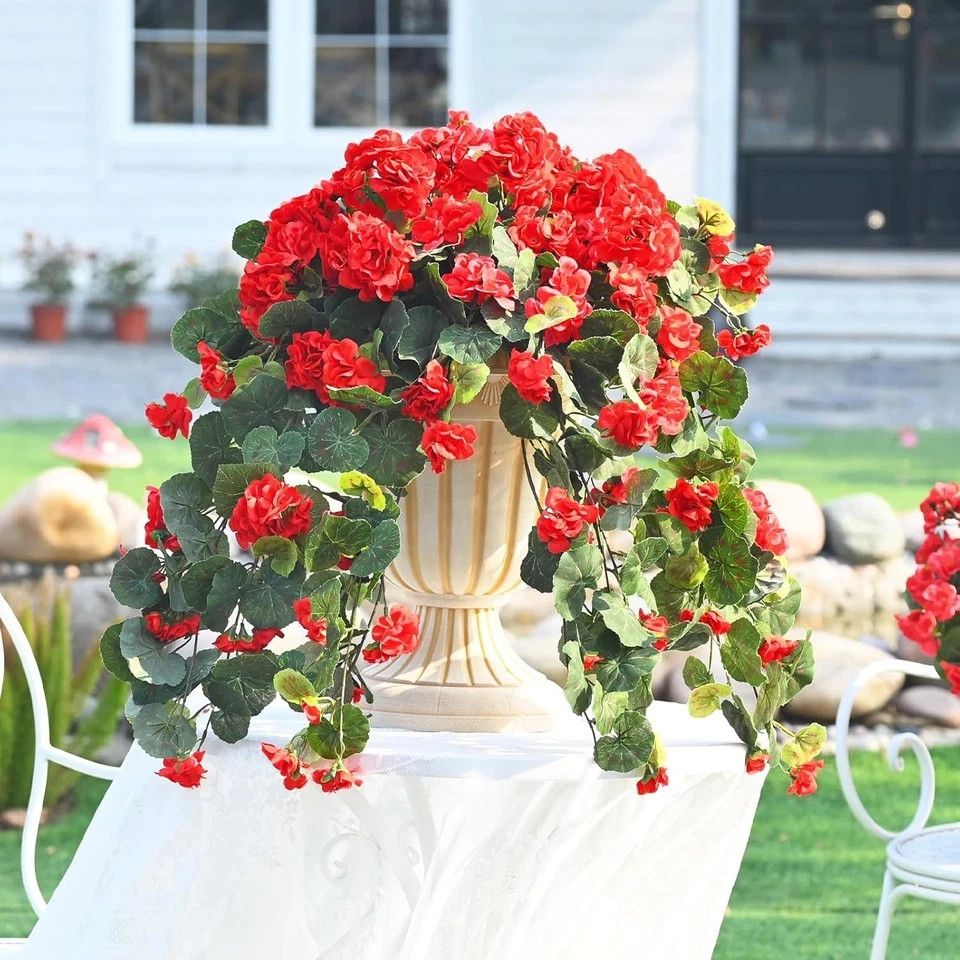 Artificial Fake Geraniums Flowers for Outdoors, 2Pcs UV Resistant Faux Hanging P