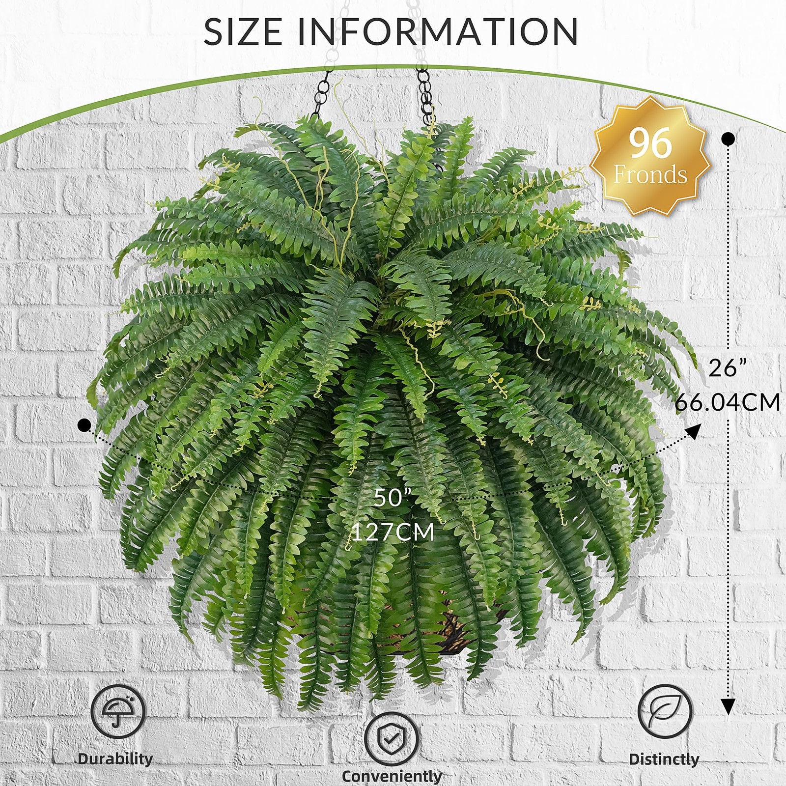 50″ Artificial Boston Ferns, Fake Bush Plants, Large Faux Ferns with 96 Fronds