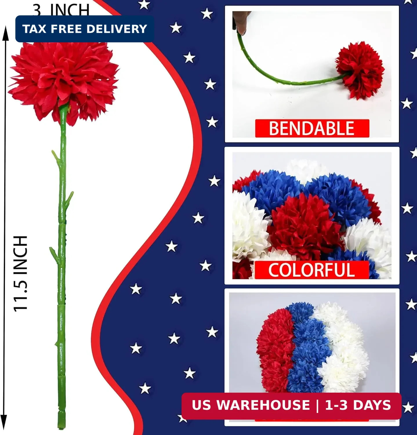 Tinsow 12 pcs Artificial Flower Patriotic Memorial Bouquet Red White and Blue Fa