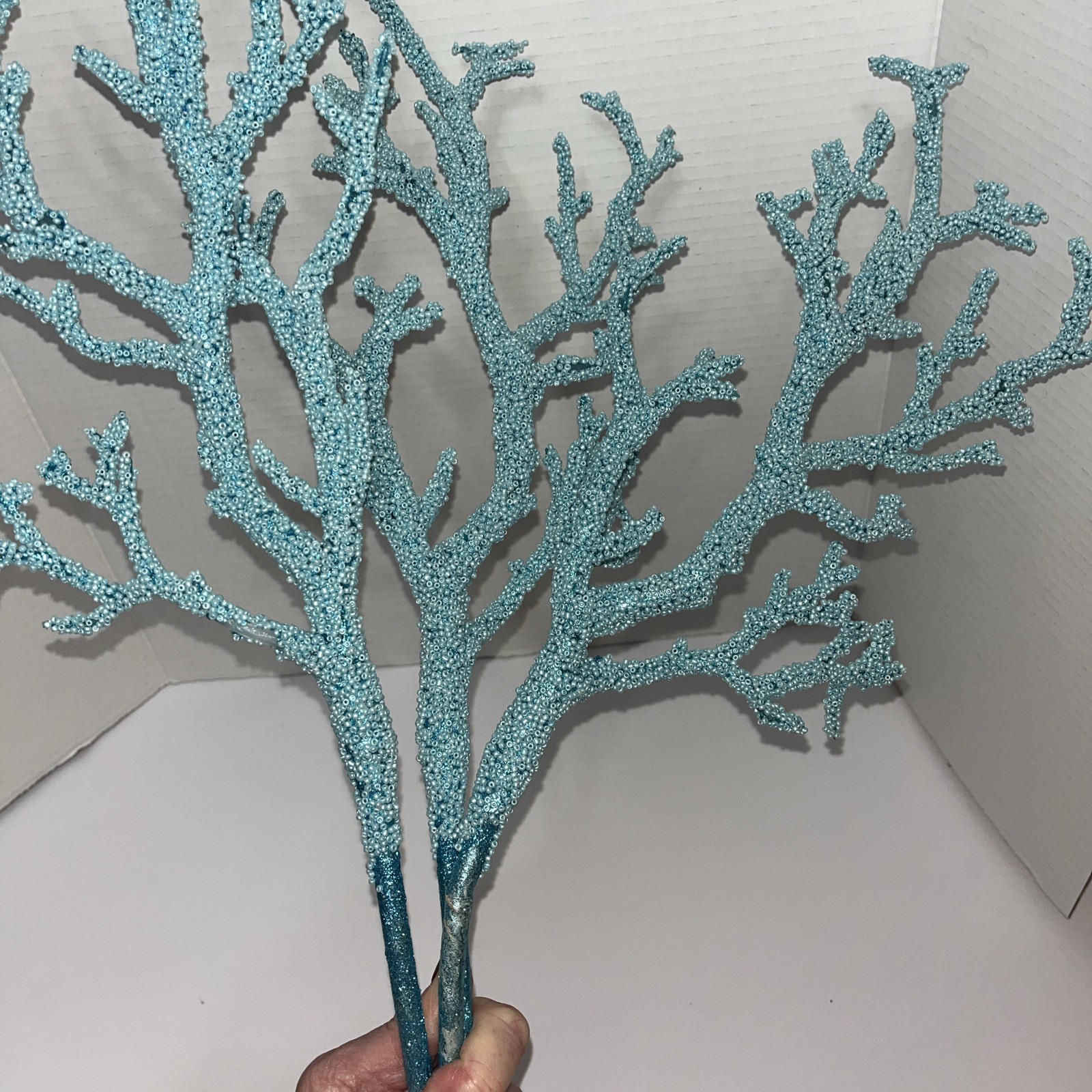 Lot Of 3 Glittered Beaded Twig Branch Spray Blue Coral Nautical Branch Florals