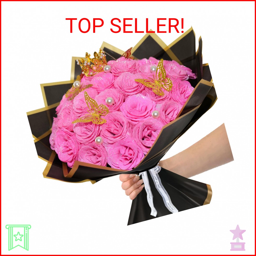 Pink Glitter Roses Bouquet, 24 Pcs Shiny Glitter Flowers Bouquet, Everlasting Ar
