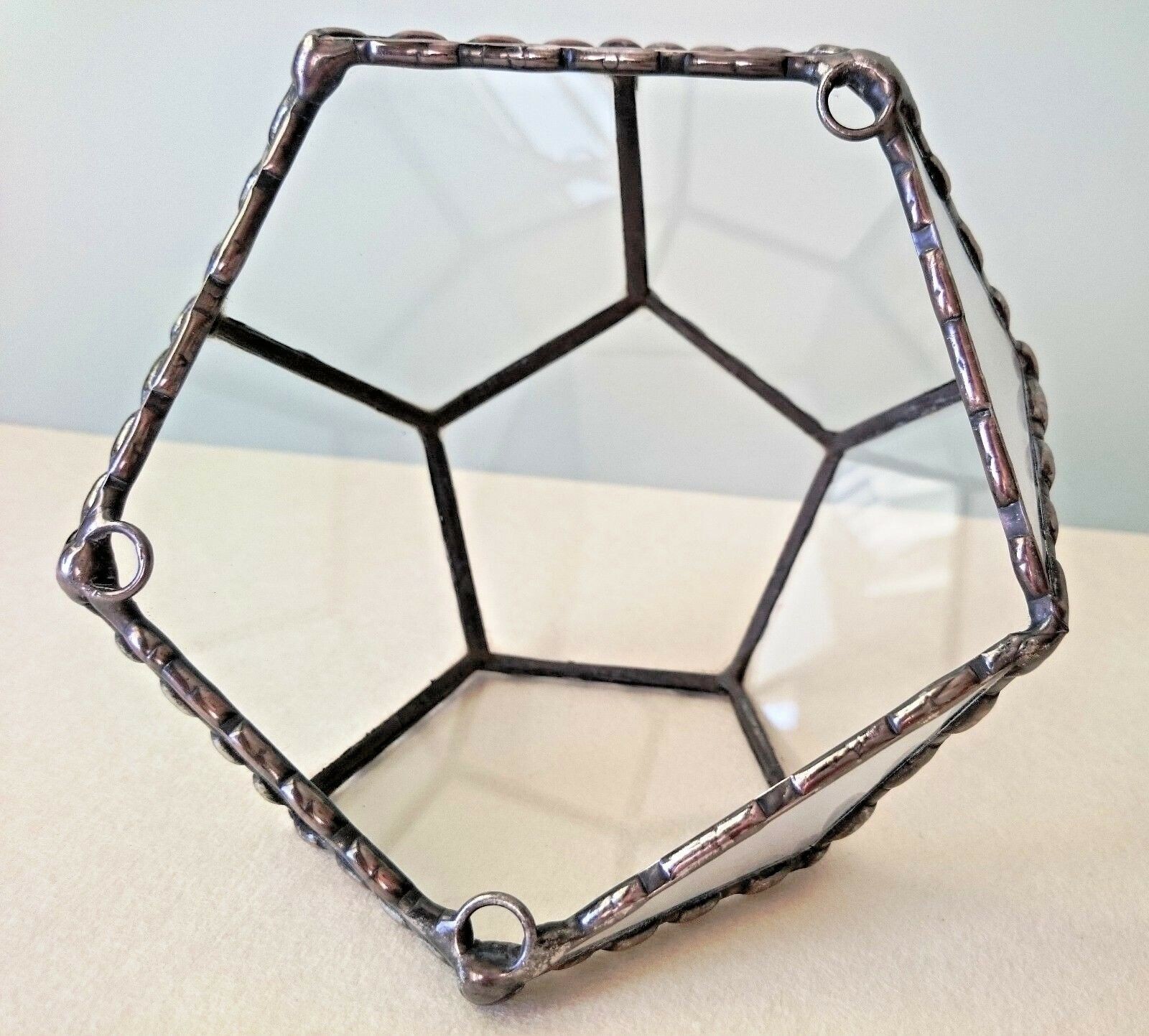 Stained Glass Dodecahedron Terrarium With 3 hooks with Copper Frame, Home Decor