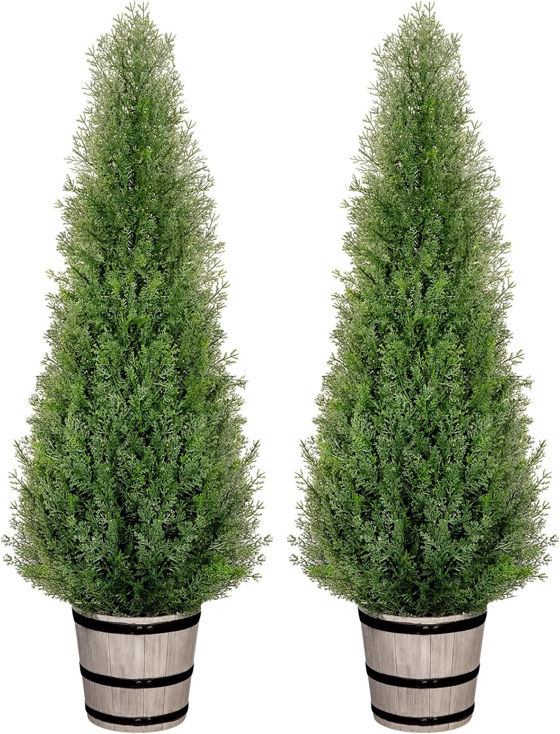 3FT Artificial Cedar Topiary Trees with Rustic Barrel Planter, Outdoor Indoor Re
