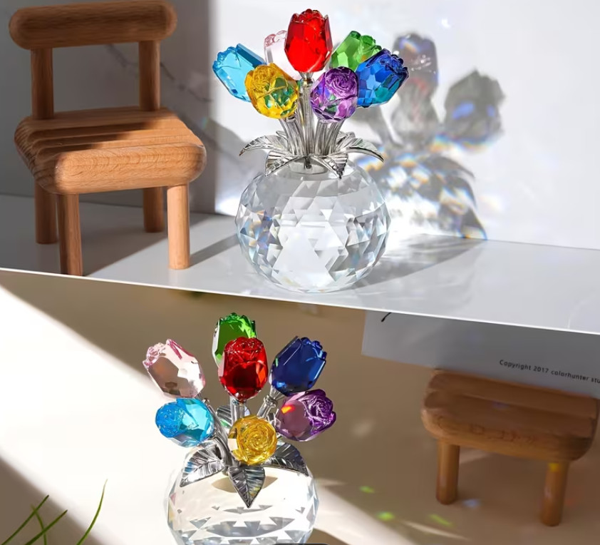 Rainbow Crystal Gemstone Rose Flower Colorful Bouquet Eternal Ornament Gift