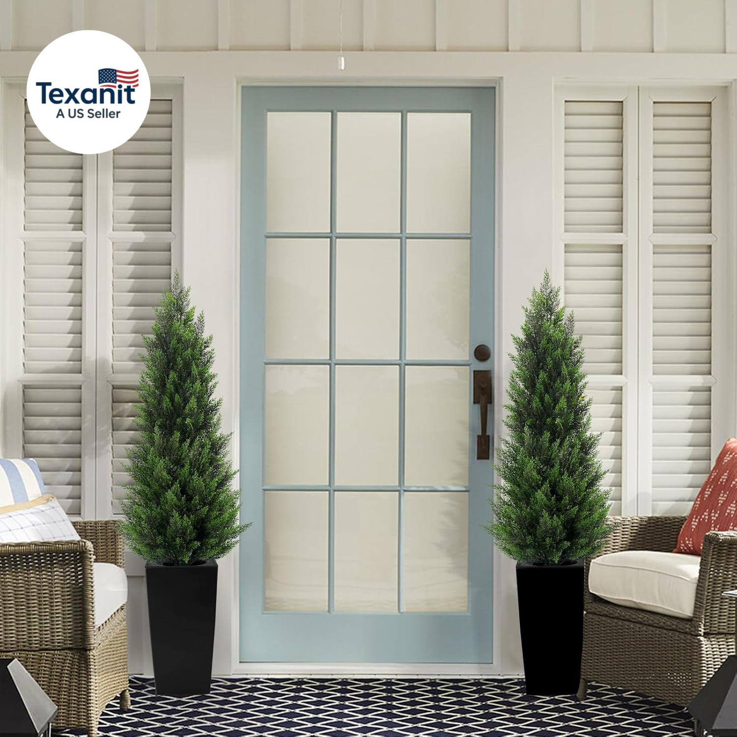5FT Tall 2 Pack Artificial Cedar Topiary Trees with Compact Pyramidal Shape, Rea