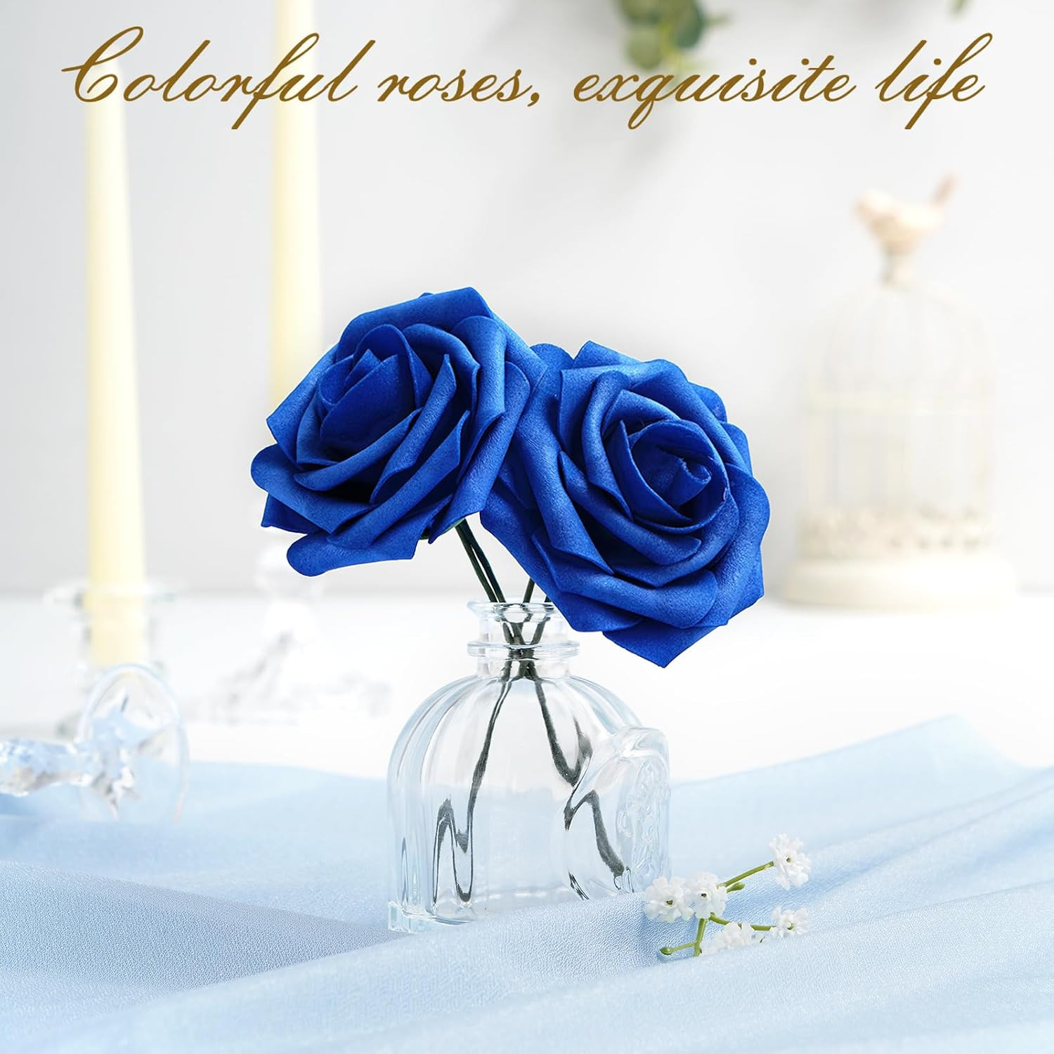 16Pcs Artificial Flowers Fake Roses with Stems, Royal Blue Boxed Foam Roses f…