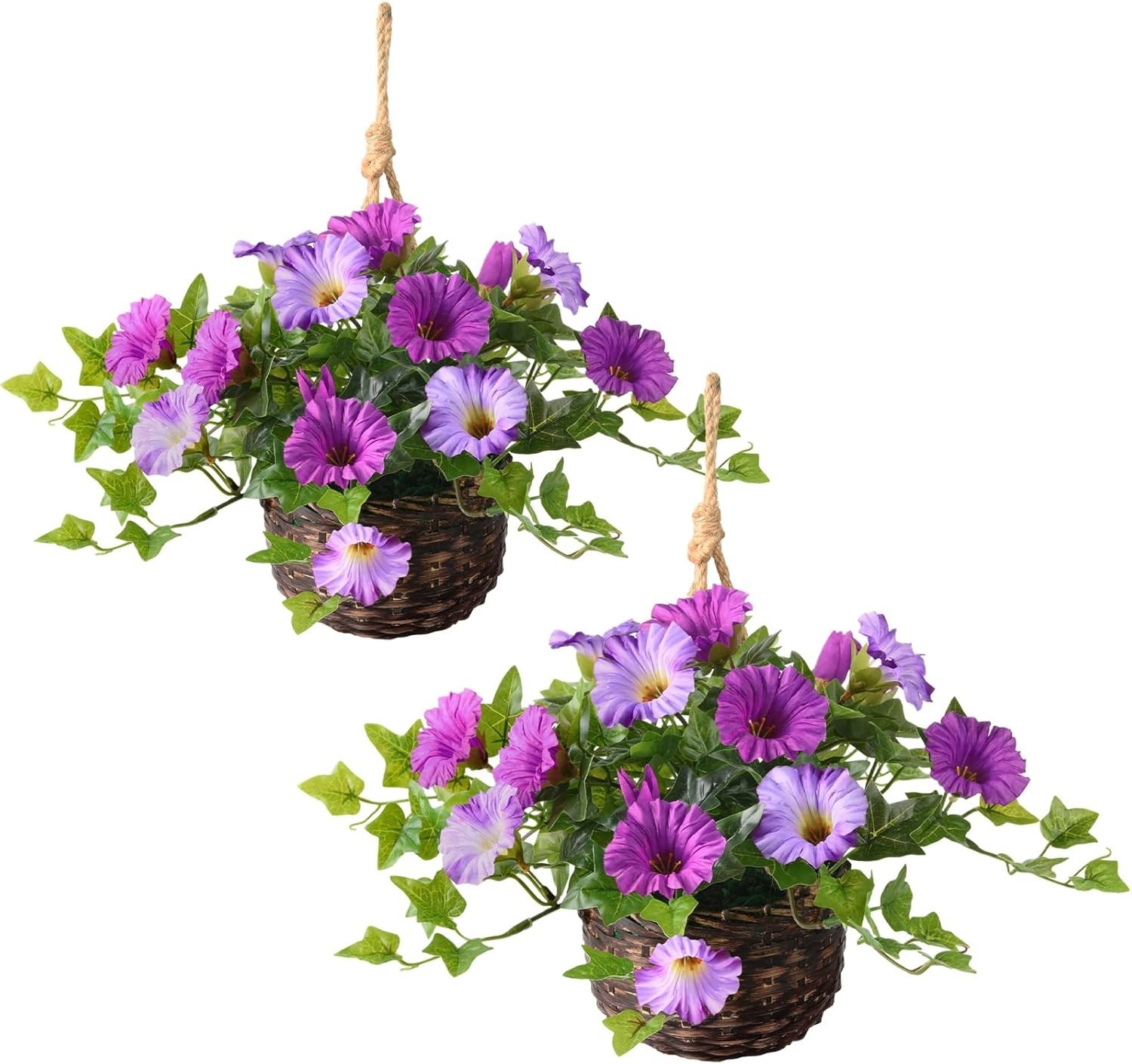 2 Set Artificial Outdoor Flowers with Hanging Basket, 2 Hanging Planters Faux…