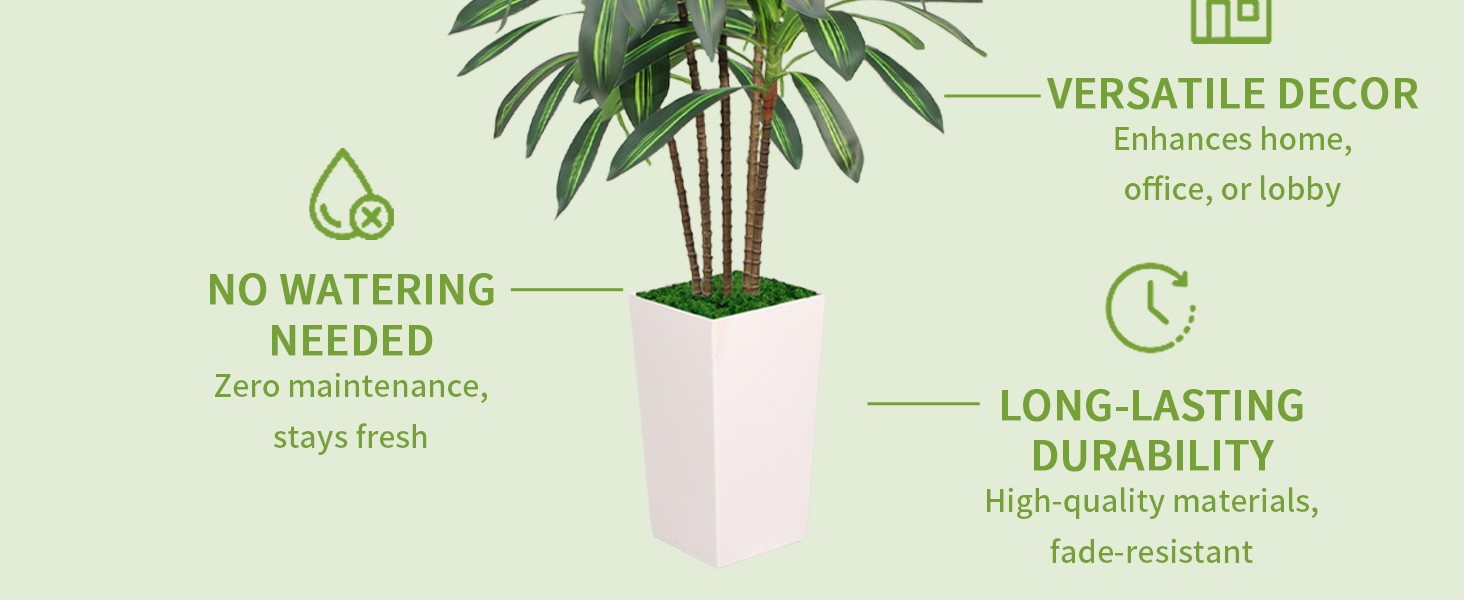 Artificial Dracaena Tree 5FT with White Tall Planter, Realistic Faux Tropical