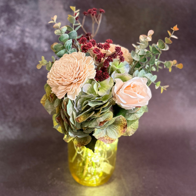 Sola Wood Floral Farmhouse Arrangement Yellow Mason Jar LED Lights Home Decor