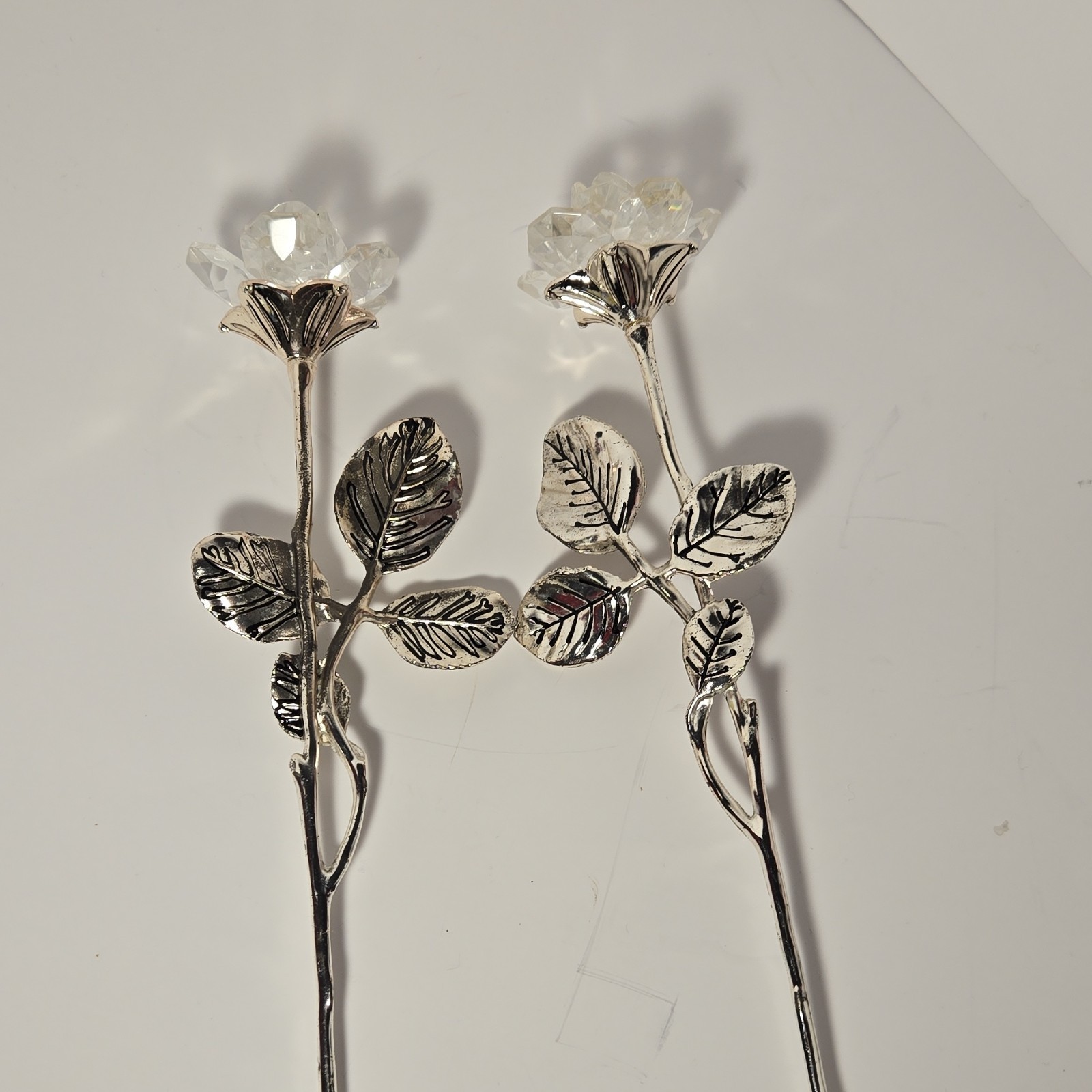 2 Artificial Crystal Flower Heads on Silver Metal Stems, Clear Glass Picks