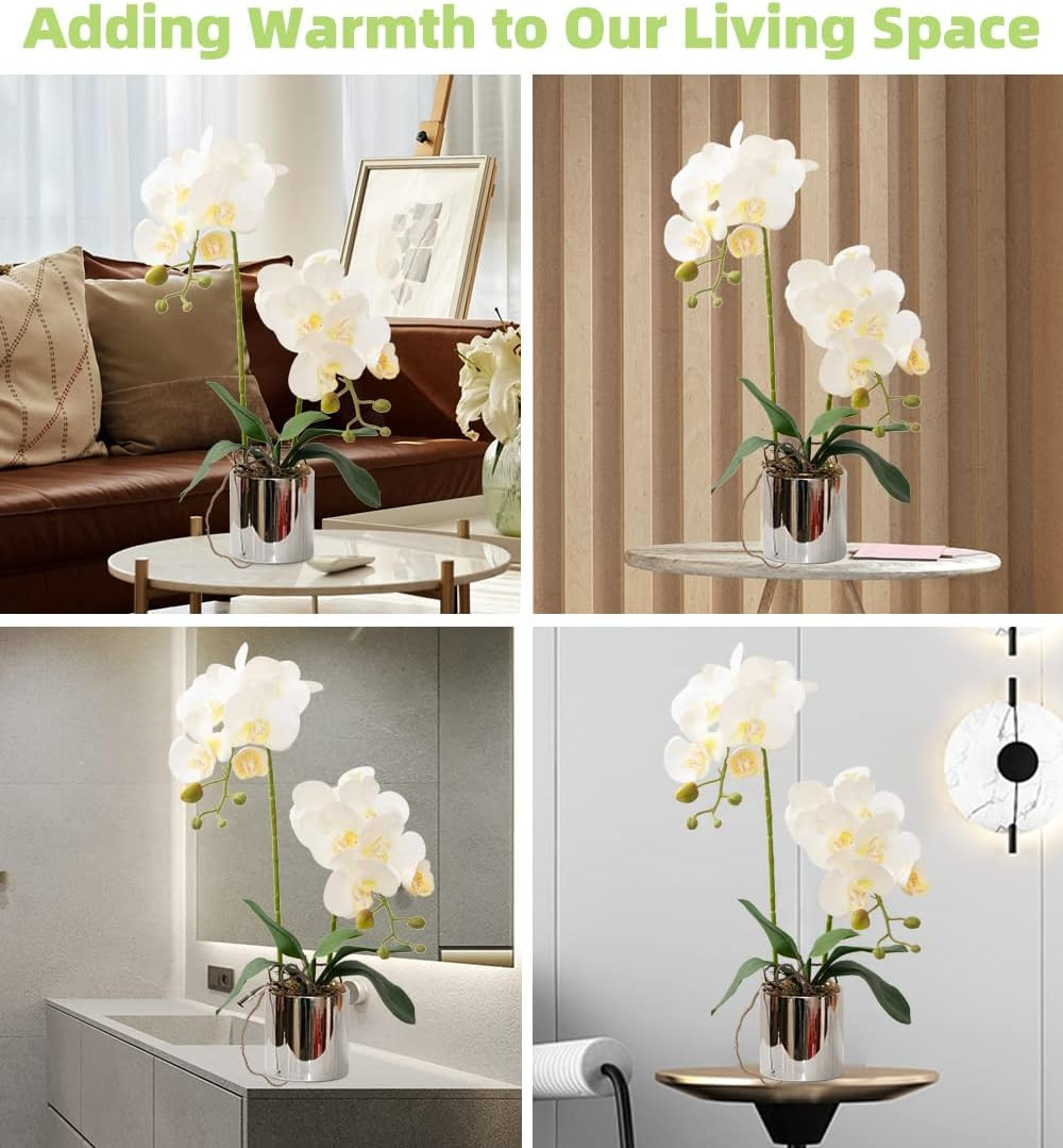 Elegant White Faux Orchid Arrangement in Ceramic Vase for Home & Office Decor