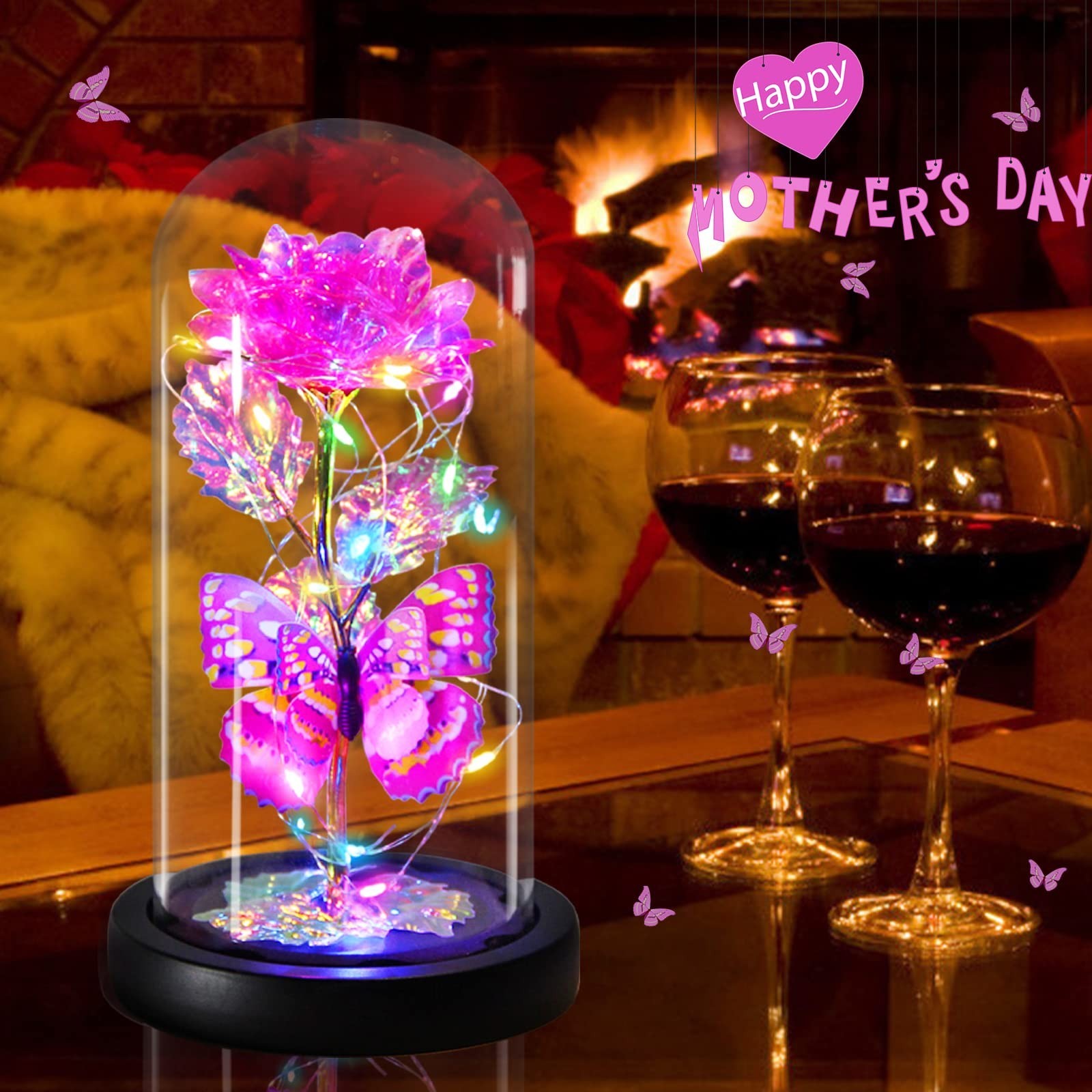 Light Up Pink Butterfly Rose in Glass Dome – Eternal Valentine’s Gift for Her