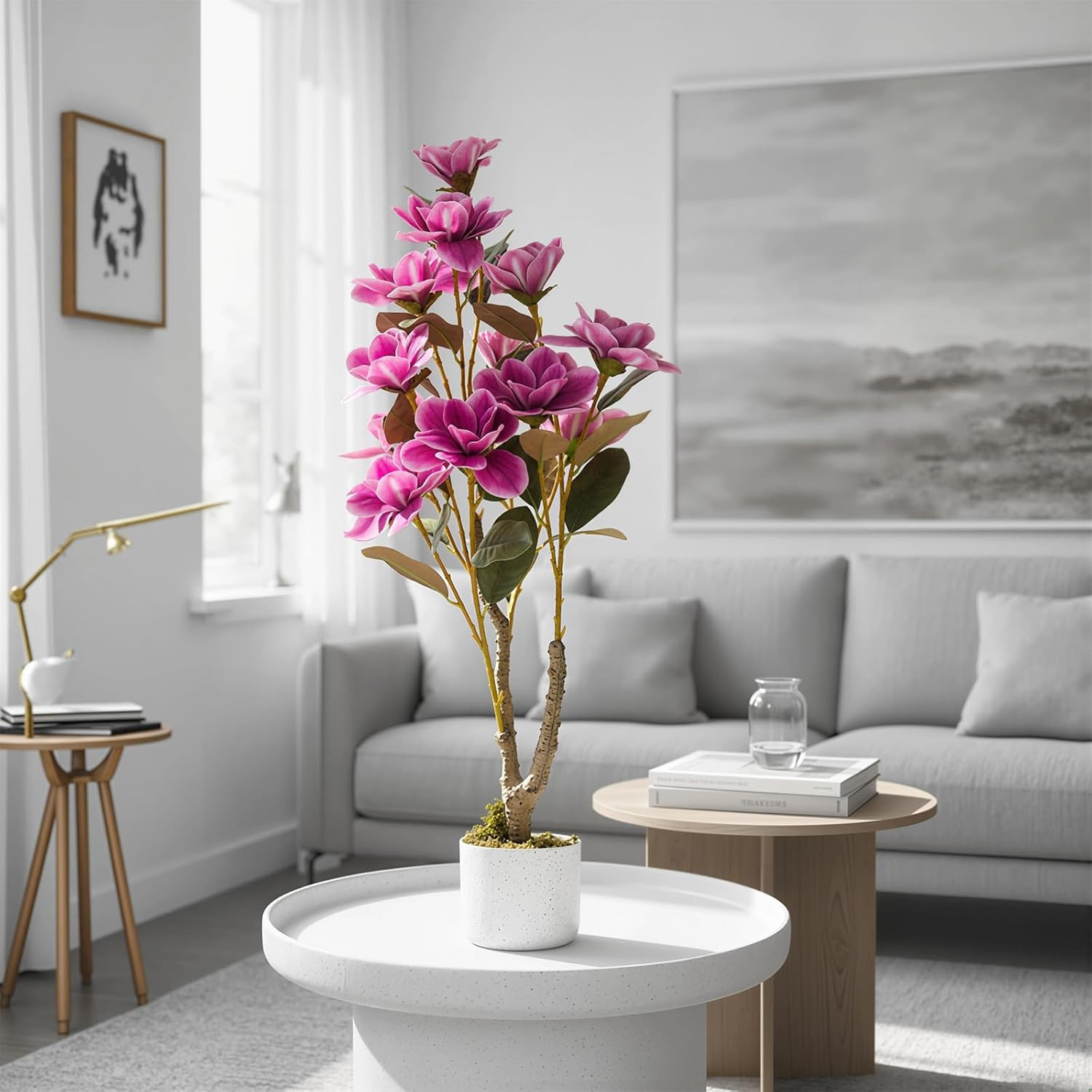 Pink Faux Magnolia Tree – 37.4″ Artificial Yulan Orchid Plant for Home Decor