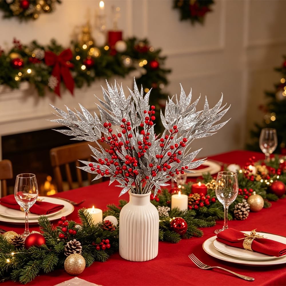 Artificial Silver Glitter Leaf Stems, Indoor Home Decor, Plastic, 13 Inches, …