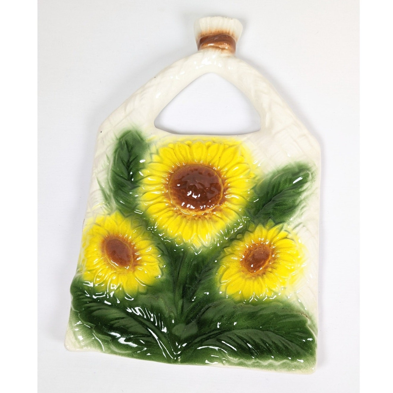 Vintage Ceramic Sunflower Wall Hangs Yellow and Green Hanging Wall Art Pair
