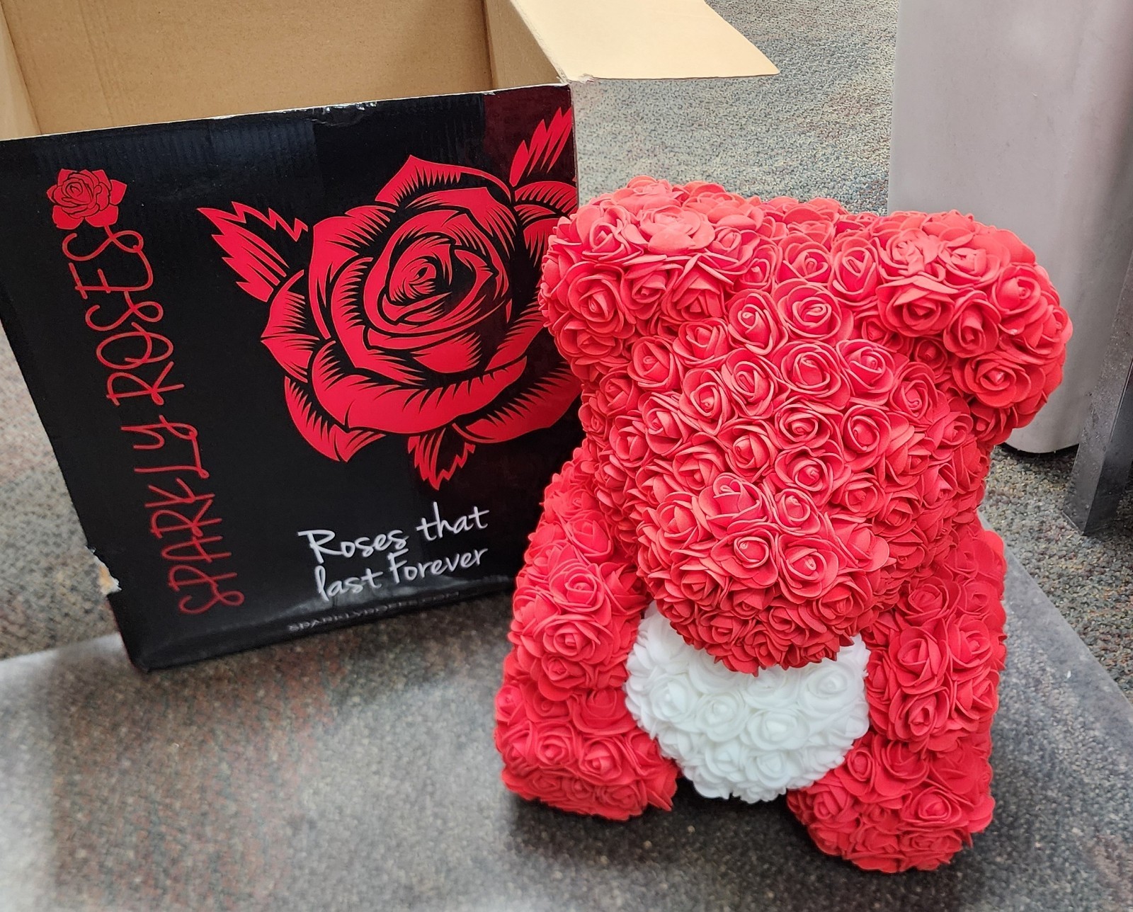 Red Rose Teddy Bear with White Heart – 13″ Artificial Foam Flower Gift – Romanti