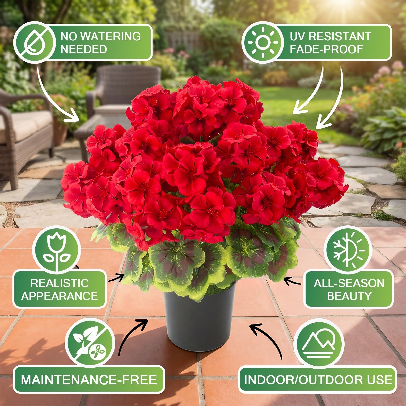 2 Pcs 19″ UV Resistant Fake Geraniums – Silk Potted Plants for Home, Office, Gar