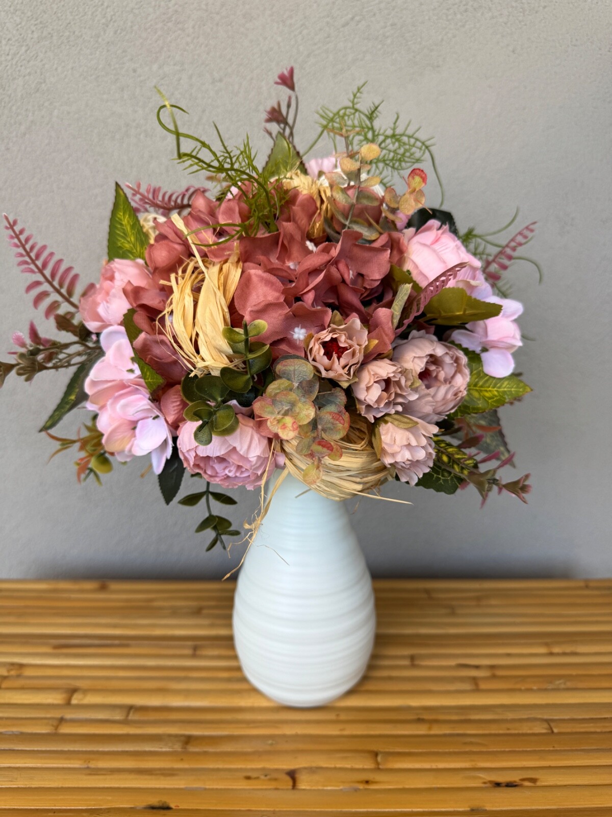Soft pink flower arrangement in a vase , width 12’, height 14’, home decor