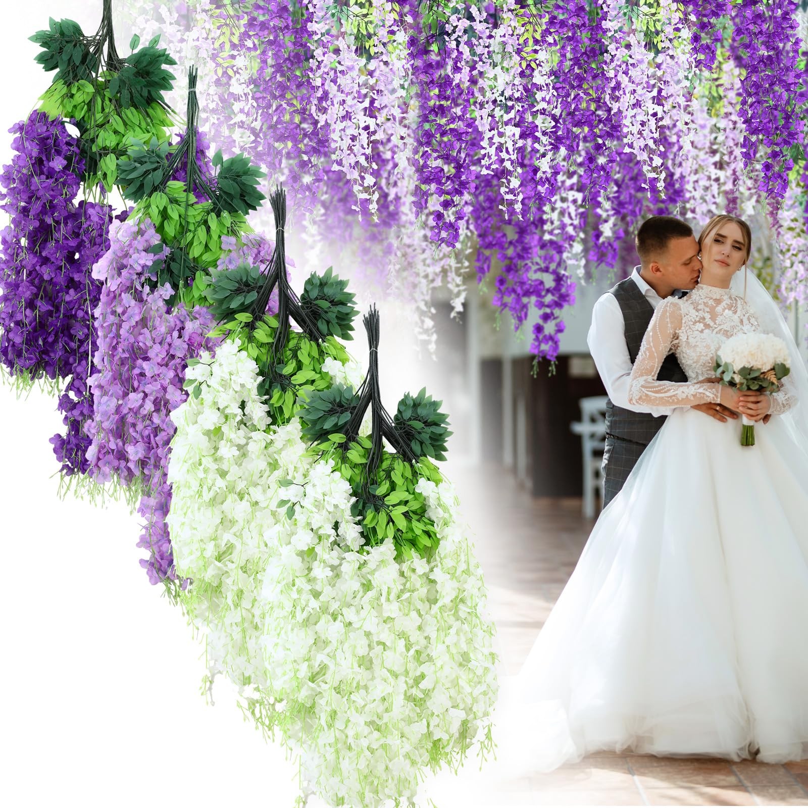 48 Pcs Wisteria Hanging Flowers 3.5 ft Artificial Wisteria Garland Purple & W…