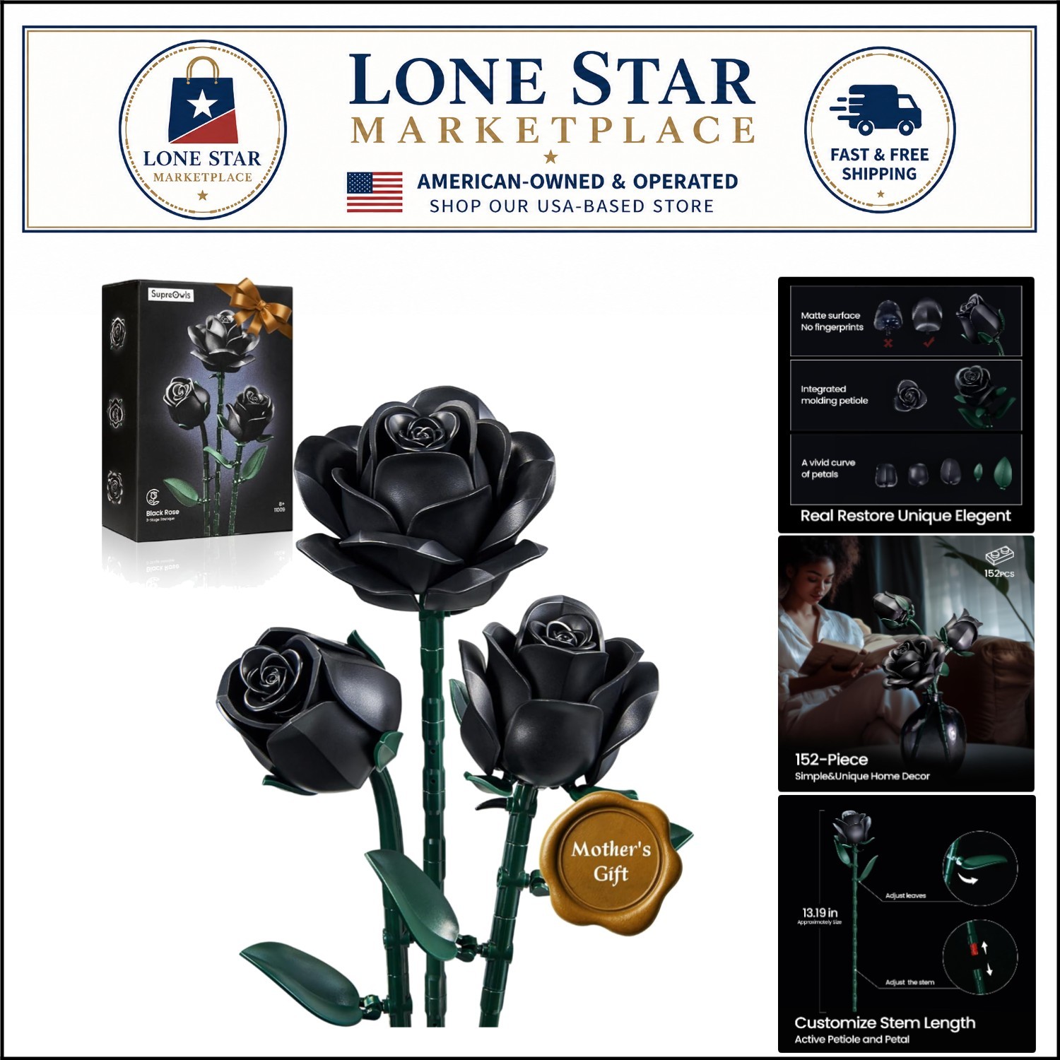 Elegant Black Roses Building Set – 3 Stages, Perfect Gift for Any Occasion