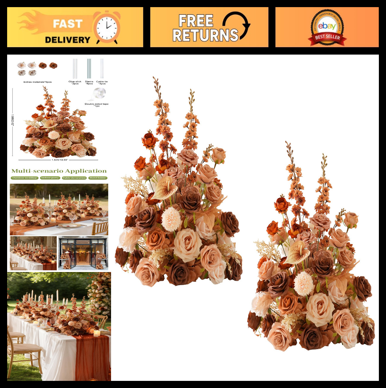 2pcs Artificial Rose Floral Arrangements – Free Standing Wedding Centerpieces, A