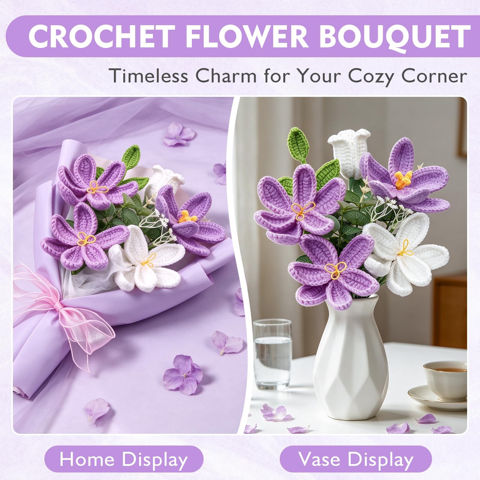 Crochet Flower Bouquet, Purple Handmade Knitted Bouquet of Flowers, Crochet T…
