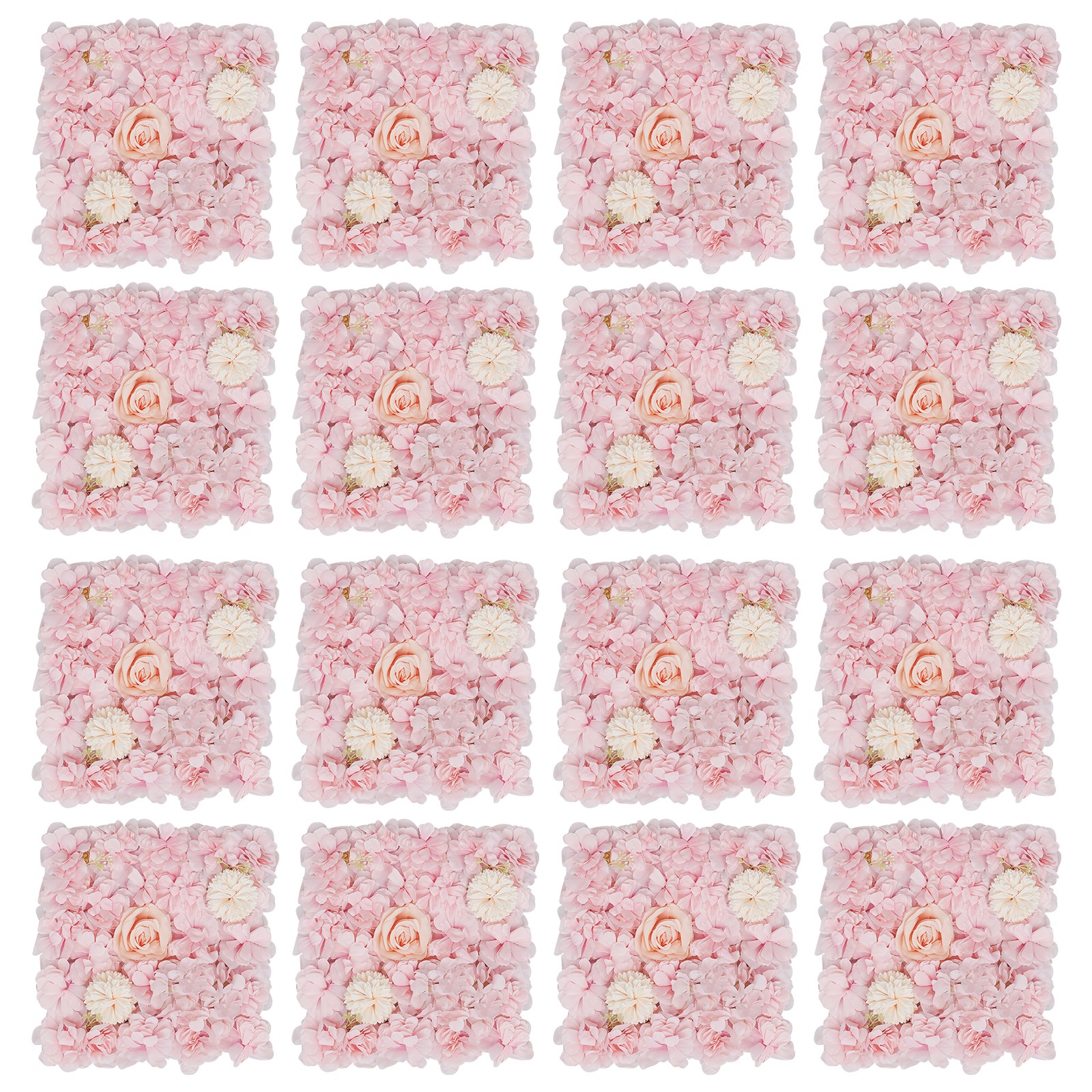 16 PCS Flower Wall Panels Light Pink Square Artificial Flowers Wall Decoration