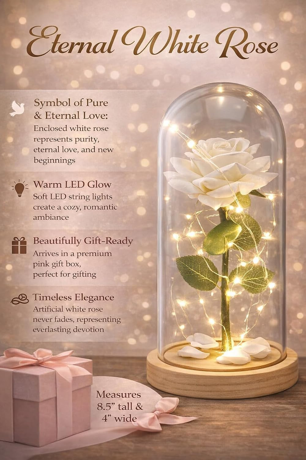 Eternal White Rose in Glass Dome with LED Lights – Light up Artificial Rose Déco