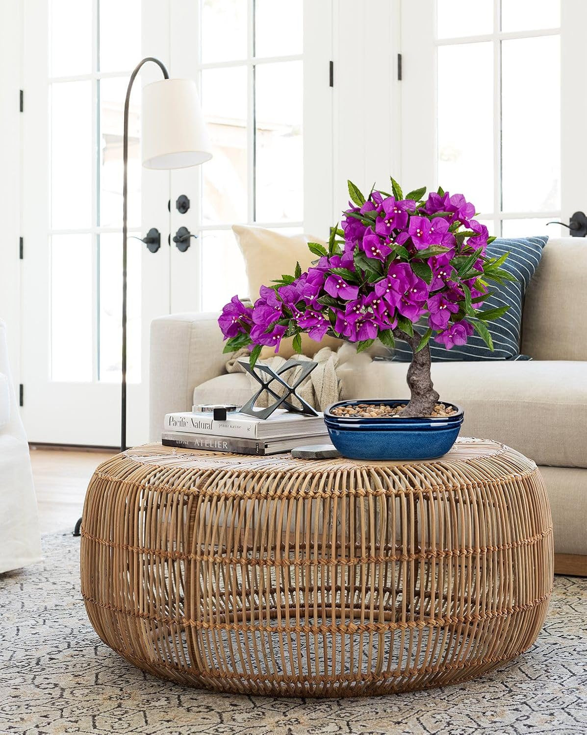 Artificial Bougainvillea Bonsai Tree 18.5″ Silk Bougainvillea Plant with Blue Po