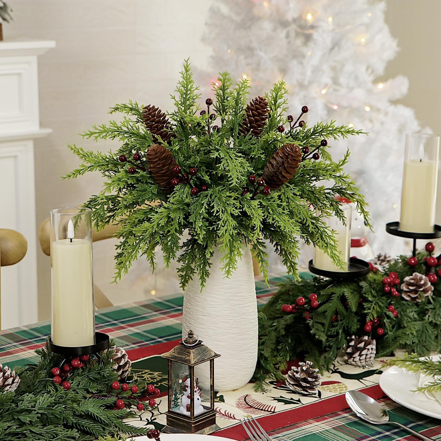 40 Pcs Artificial Pine Branches Pinecone Holly Set, 12.5 Inch Christmas Green…