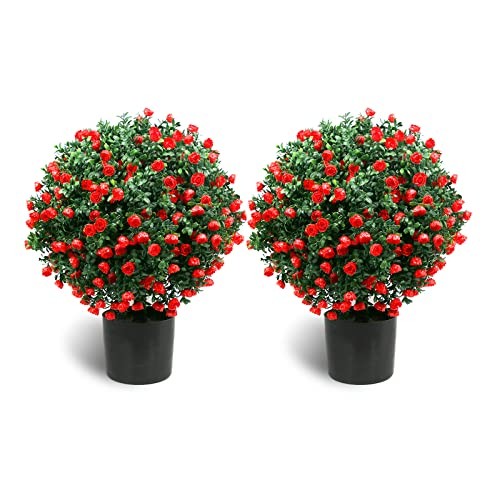 21.6” Tall Artificial Rose Topiary Ball Tree Set of 2 Pack Potted Bushes Red