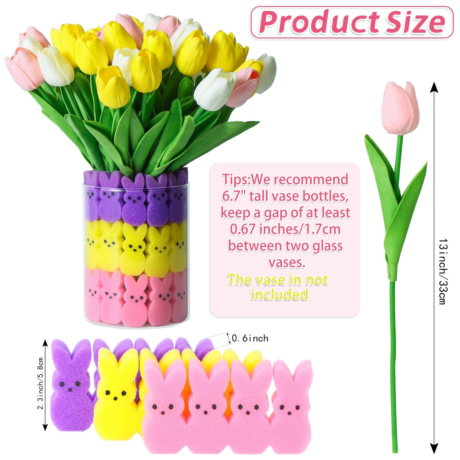 15 PCS Artificial Tulips 48 PCS Bunnies Vase Filler Spring Table Decor Set