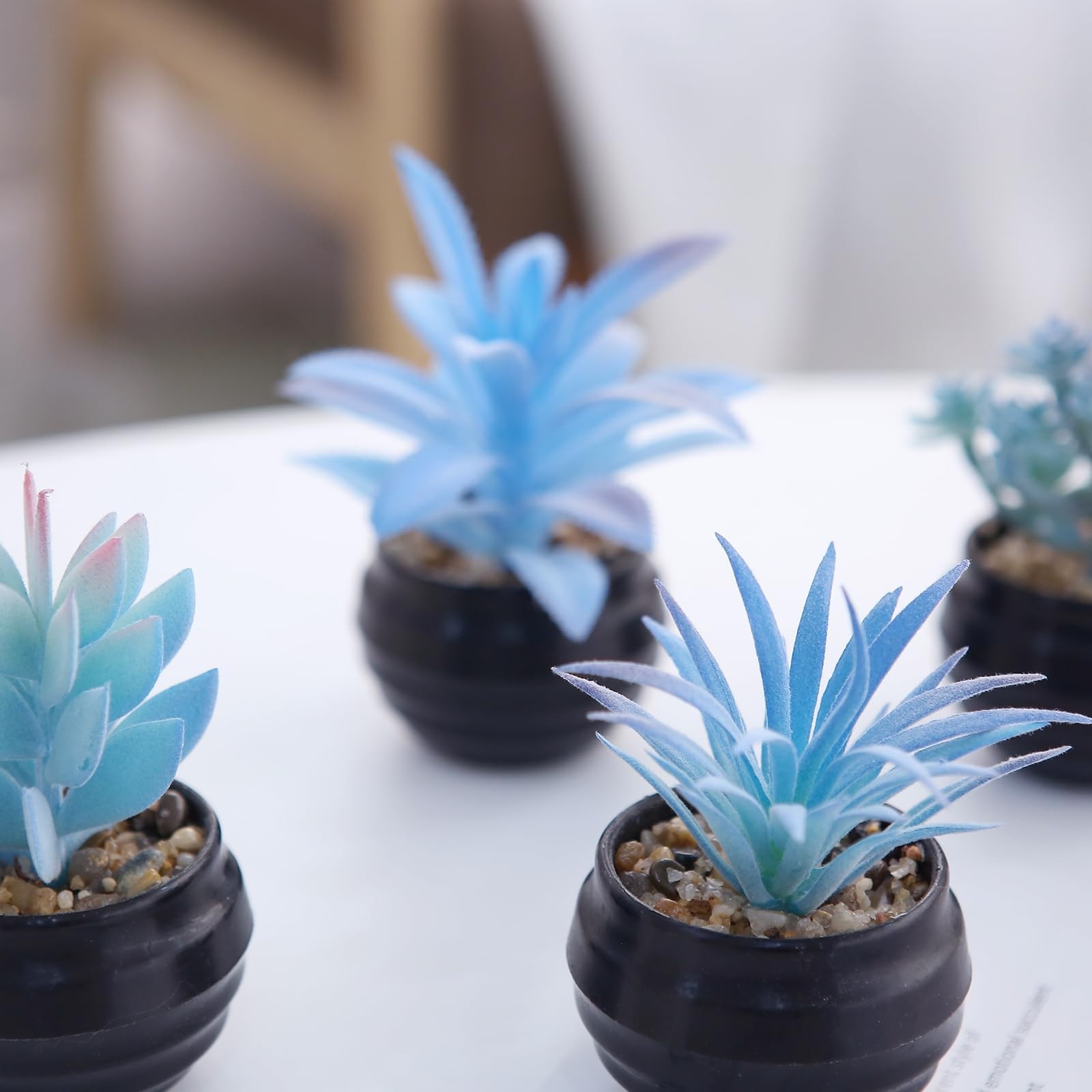 6 Blue Artificial Succulents in Mini Black Pots, Faux Indoor Desk & Home Decor