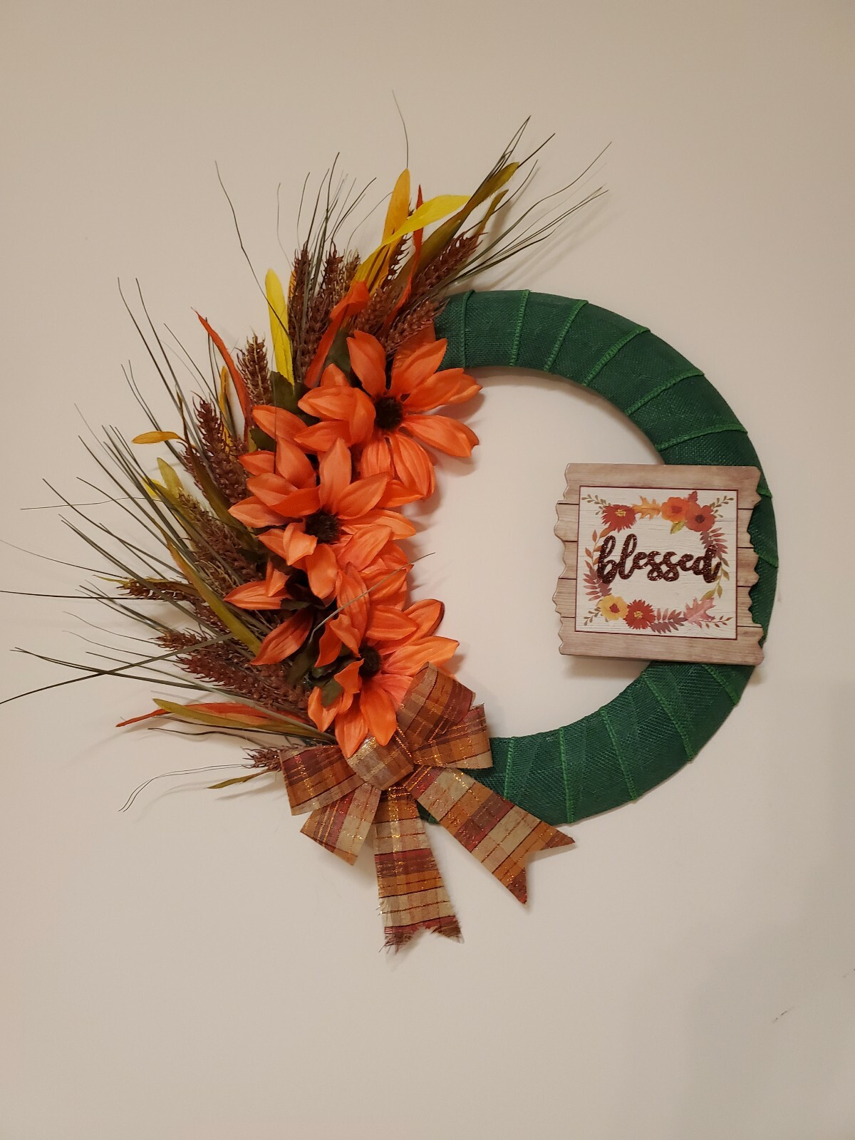 BLESSED wreath Asters Wheat orange Green burlap mesh FALL AUTUMN Decor Door 15″