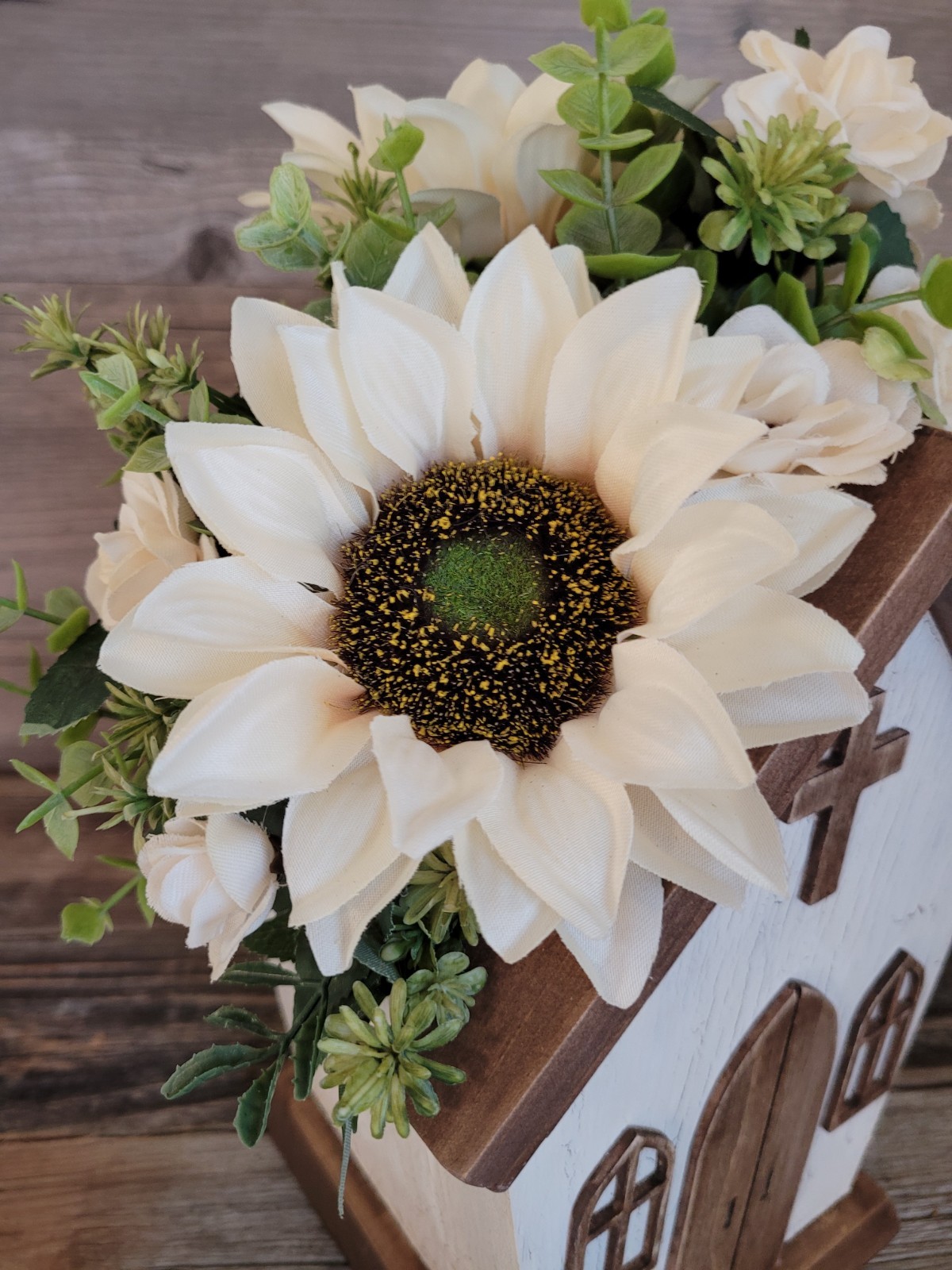 Faux Flower Arrangement Church Wood Box Decor